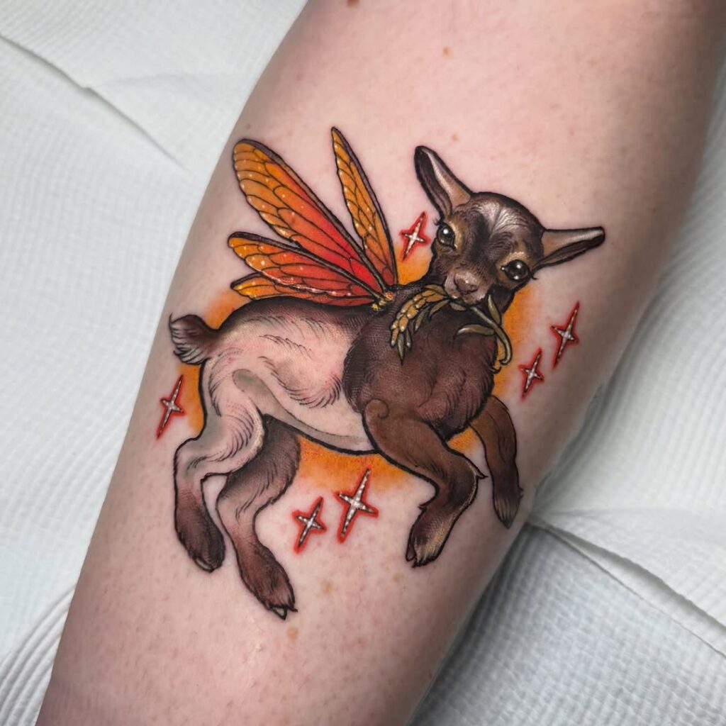 tatuaj de toamna cu un miel zana cu aripi si grau